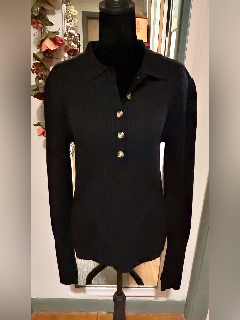 White Birch Ribbed V Neck Polo Sweater -Black- XL Plus - NWOT